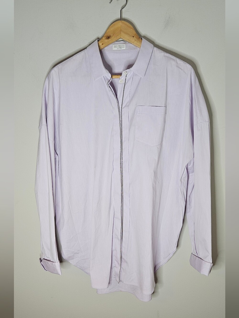 Brunello Cucinelli Monili Chain Placket Button Front Shirt Lavender Poplin XXL